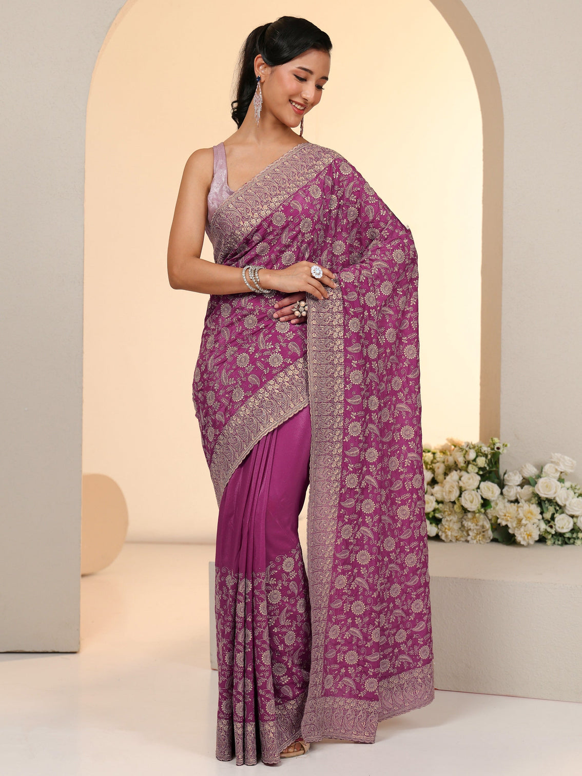 Mameraa Mauve Satin Saree with Floral Embellishments
