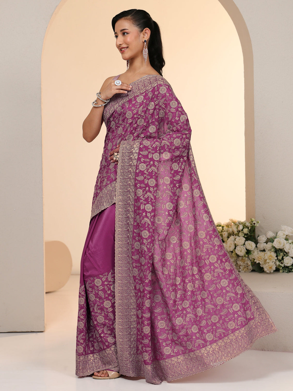 Mameraa Mauve Satin Saree with Floral Embellishments