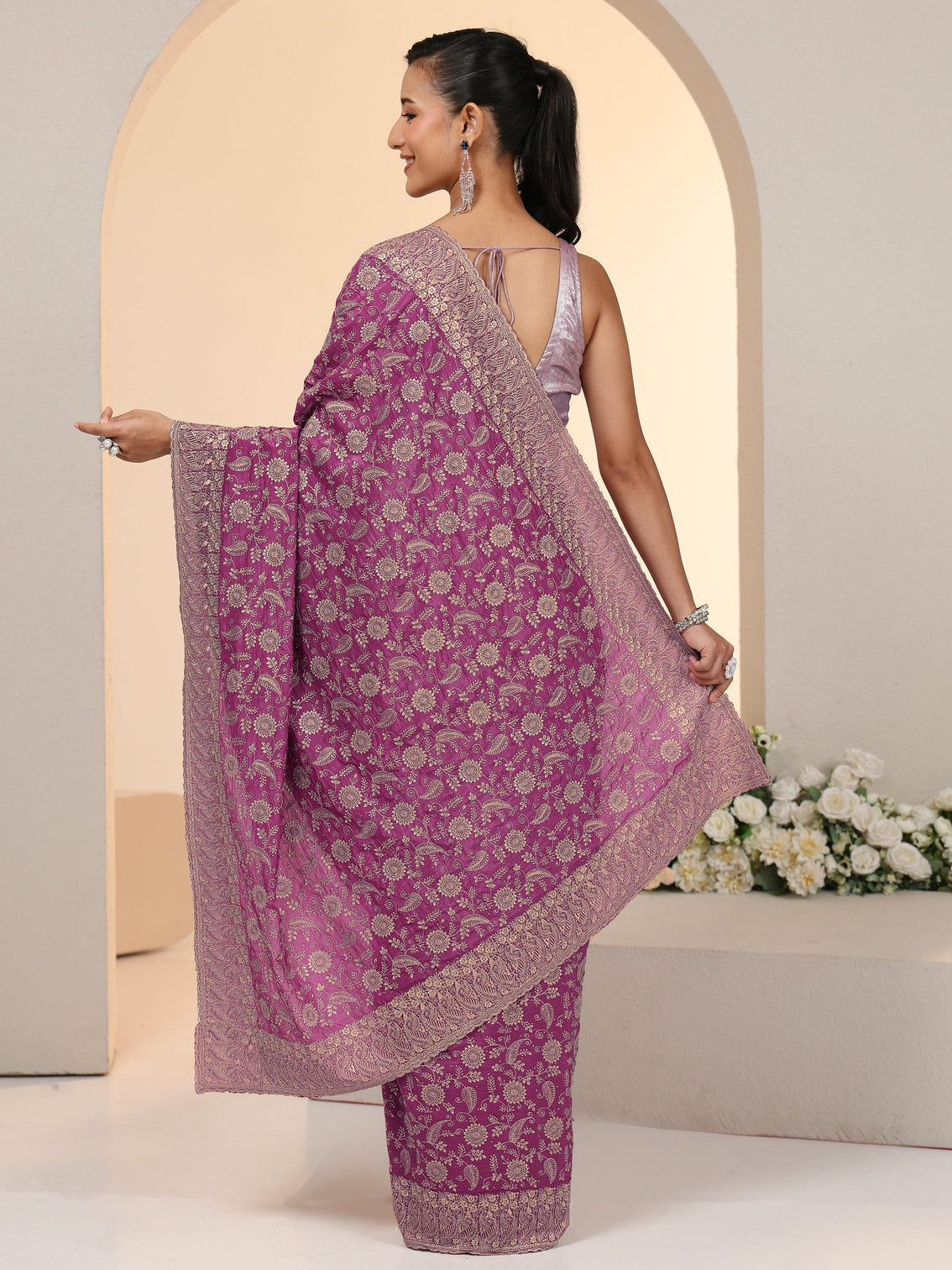 Mameraa Mauve Satin Saree with Floral Embellishments
