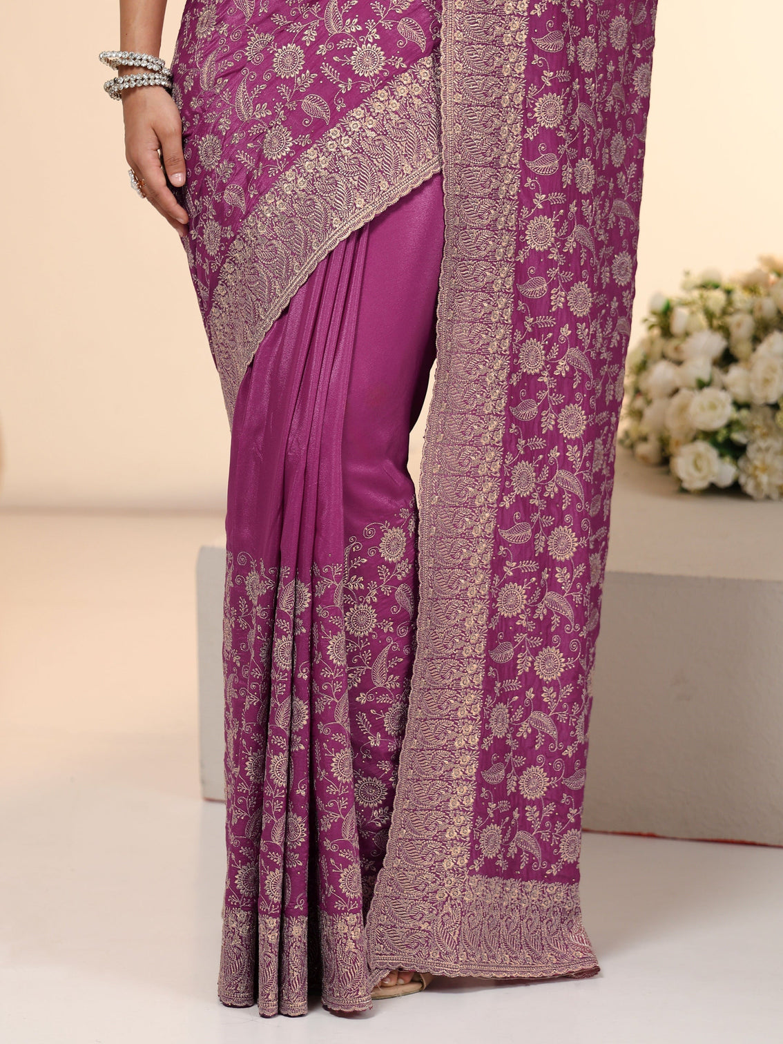 Mameraa Mauve Satin Saree with Floral Embellishments