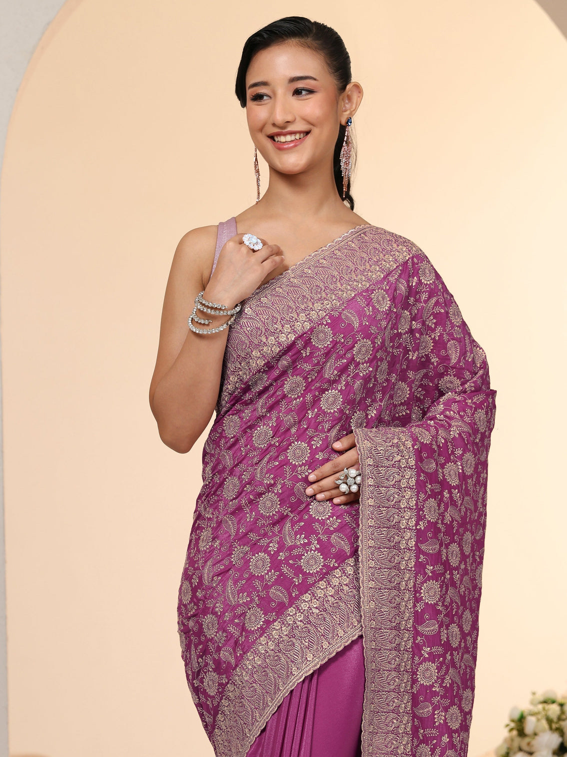 Mameraa Mauve Satin Saree with Floral Embellishments