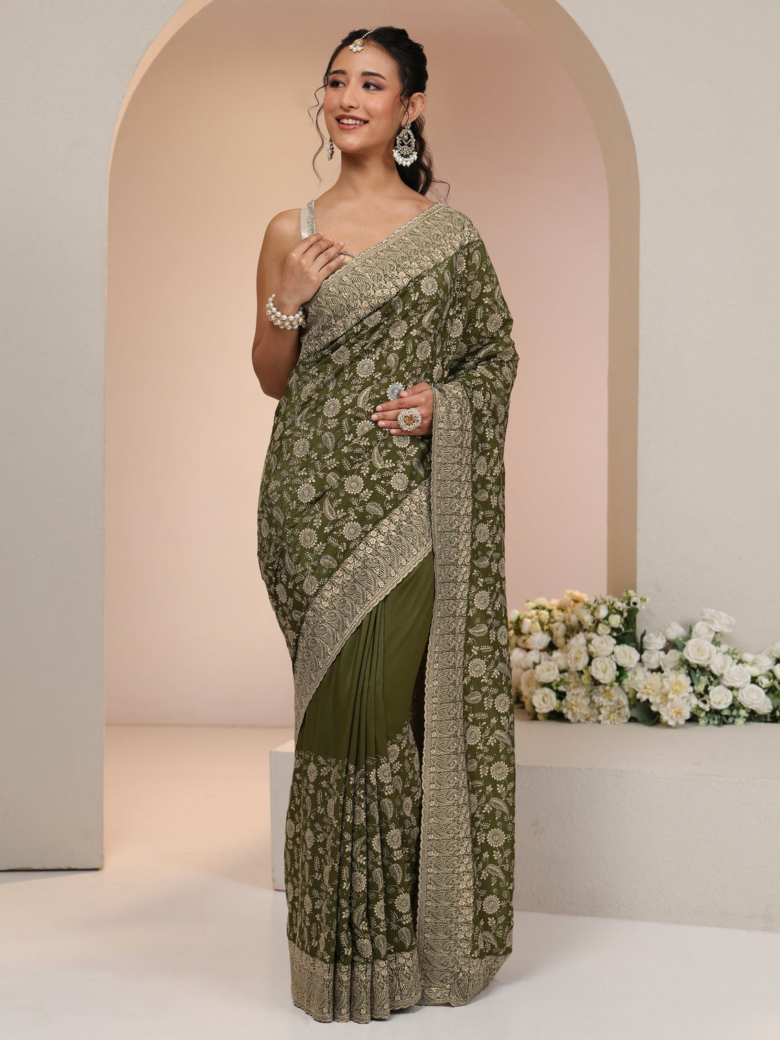 Mameraa Leaf Green Satin Saree with Floral Embellishments