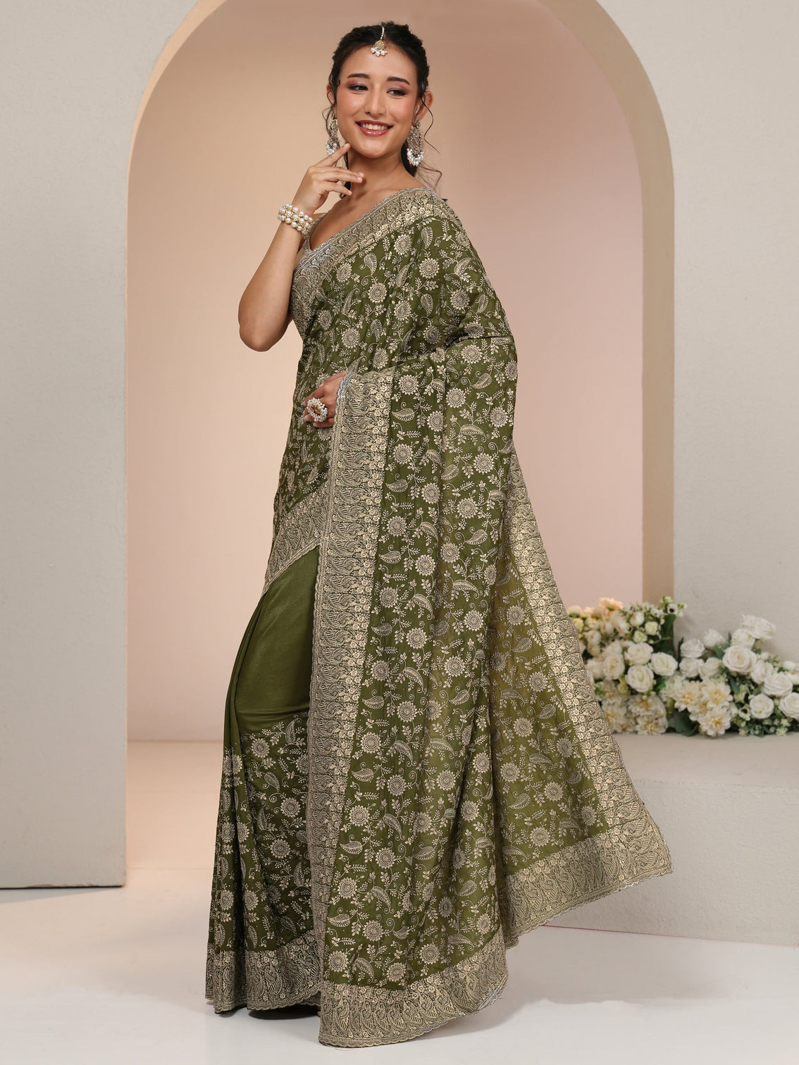 Mameraa Leaf Green Satin Saree with Floral Embellishments