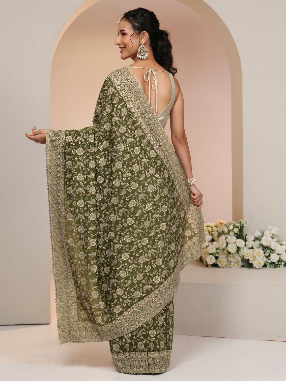 Mameraa Leaf Green Satin Saree with Floral Embellishments