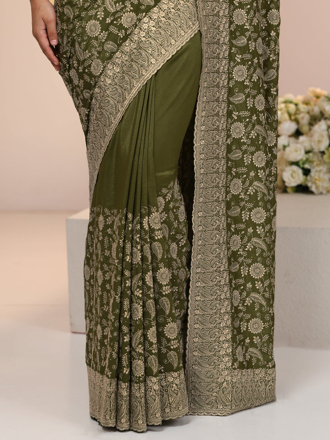 Mameraa Leaf Green Satin Saree with Floral Embellishments