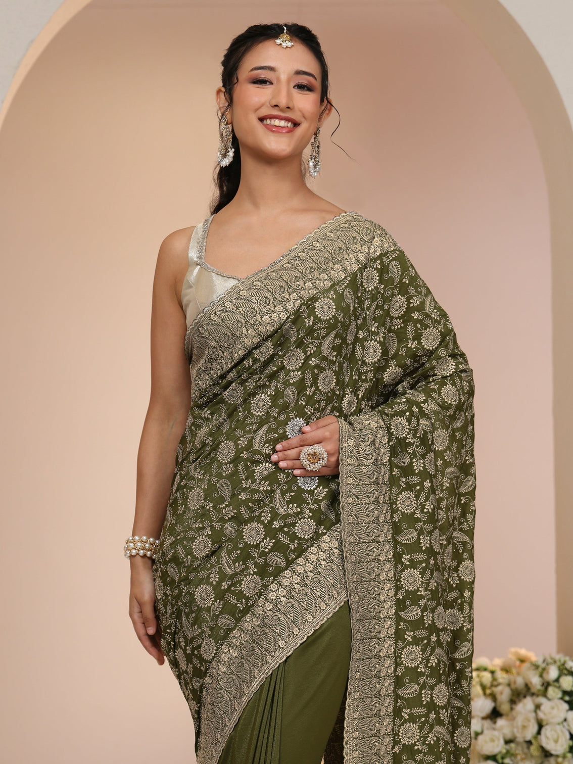 Mameraa Leaf Green Satin Saree with Floral Embellishments