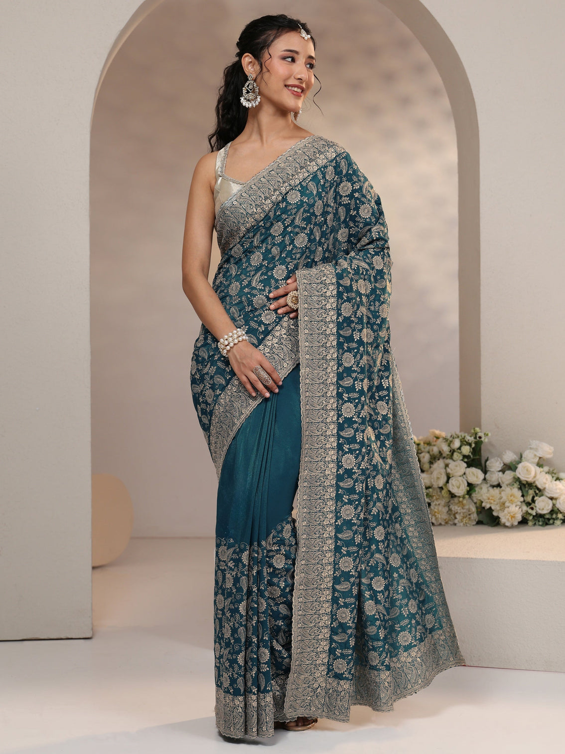Mameraa Slate Blue Satin Saree with Floral Embellishments