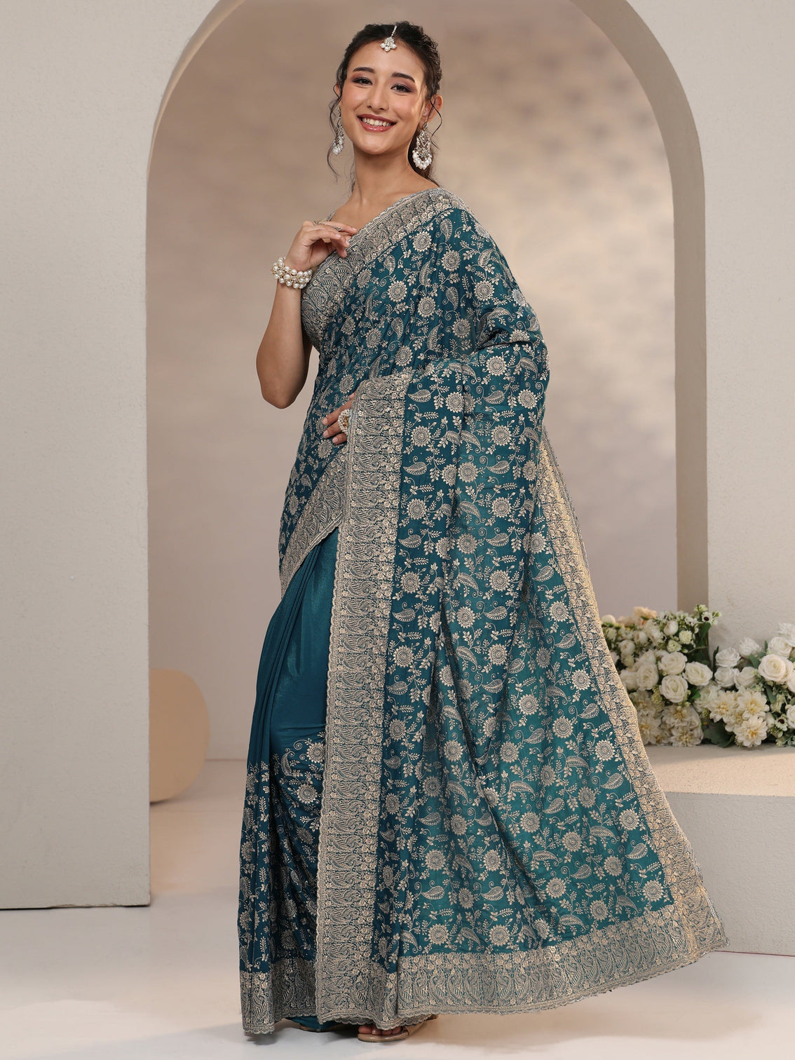 Mameraa Slate Blue Satin Saree with Floral Embellishments