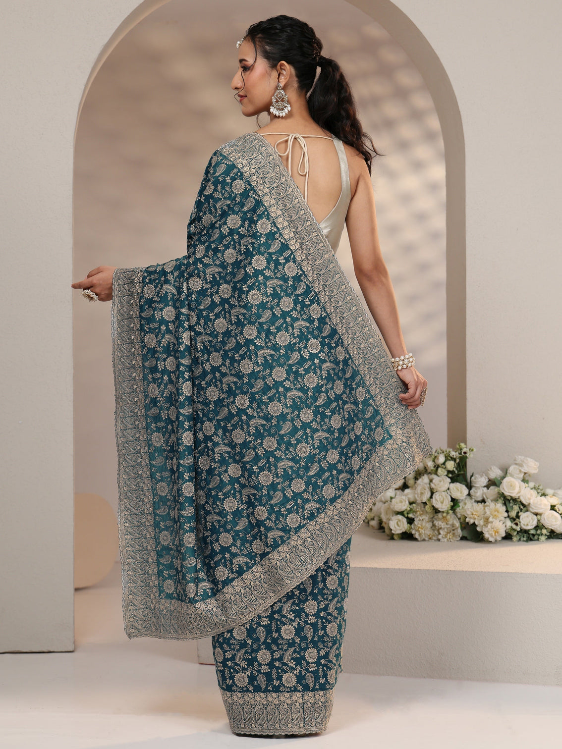 Mameraa Slate Blue Satin Saree with Floral Embellishments