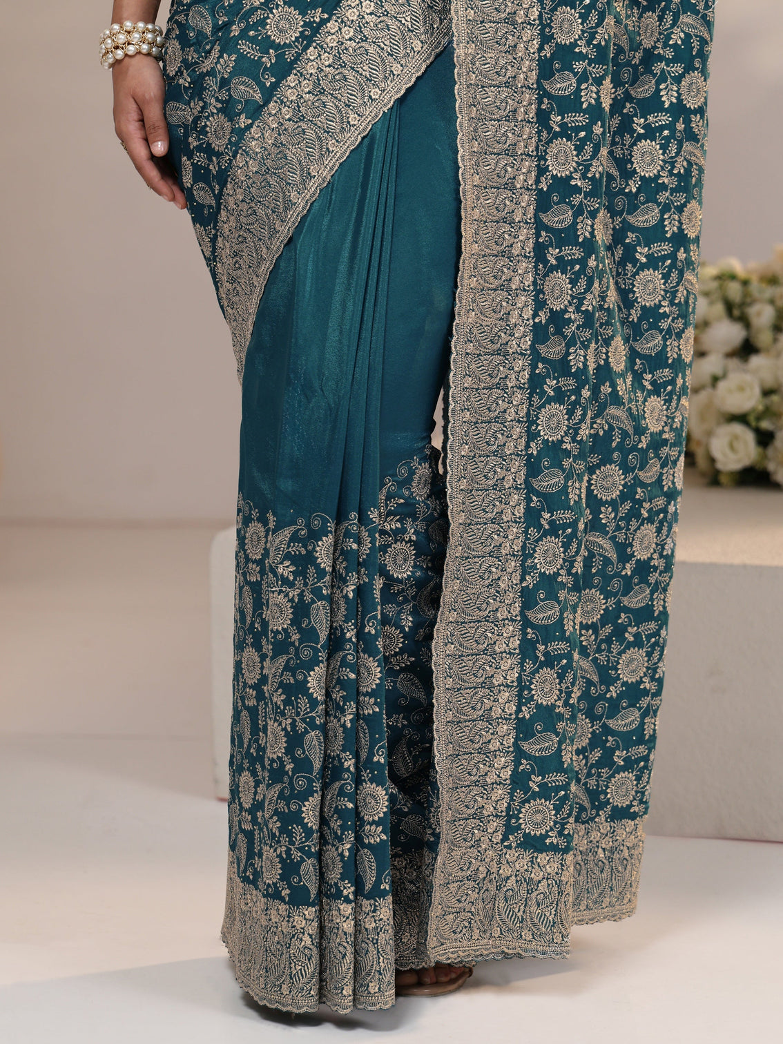 Mameraa Slate Blue Satin Saree with Floral Embellishments