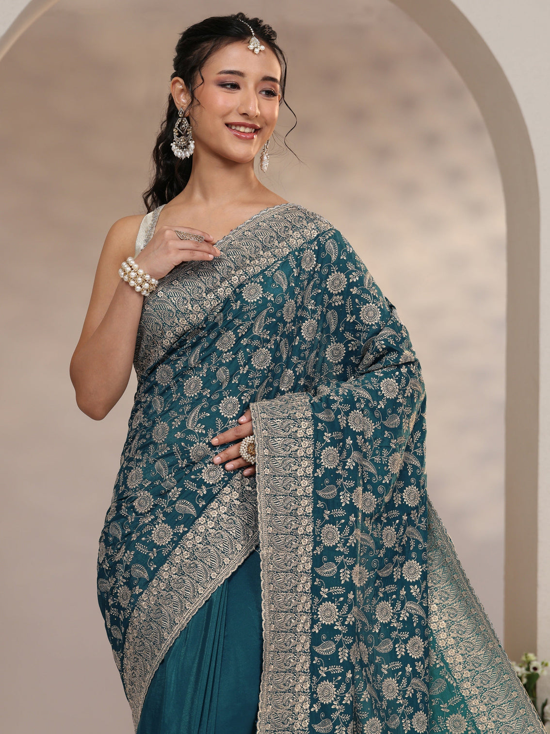 Mameraa Slate Blue Satin Saree with Floral Embellishments