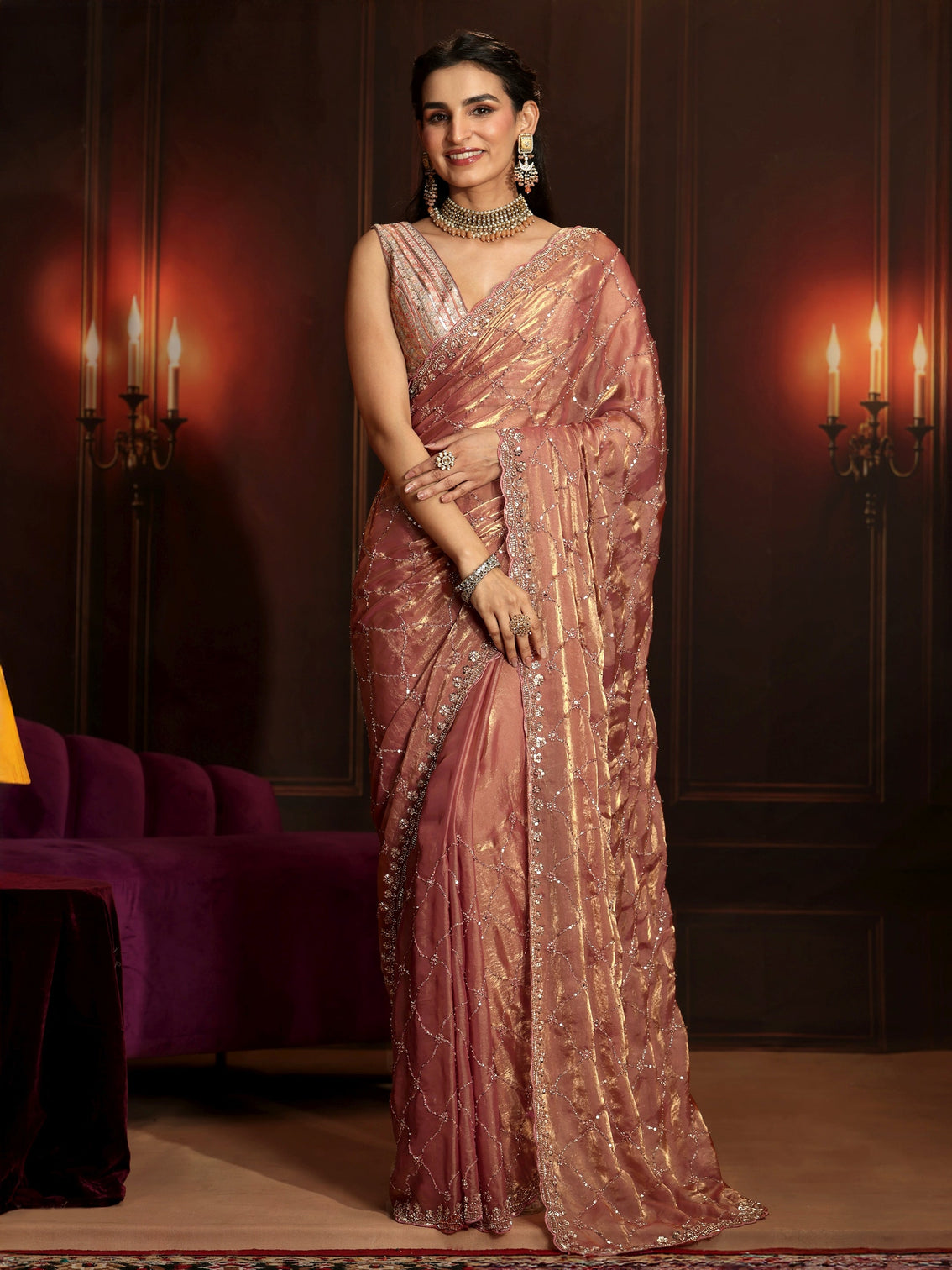 Mameraa Art Peach Pink Embellished Tissue Saree