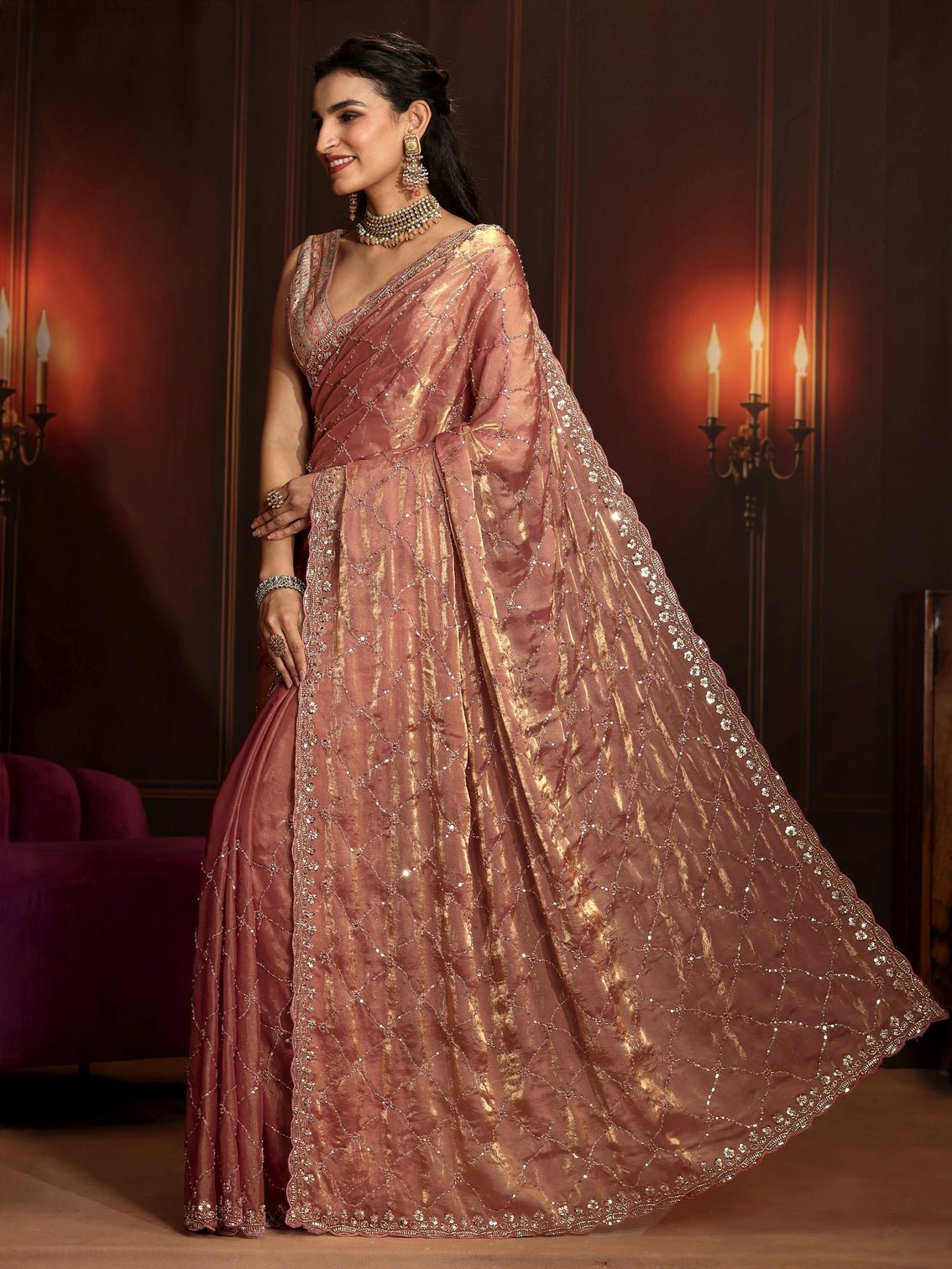 Mameraa Art Peach Pink Embellished Tissue Saree