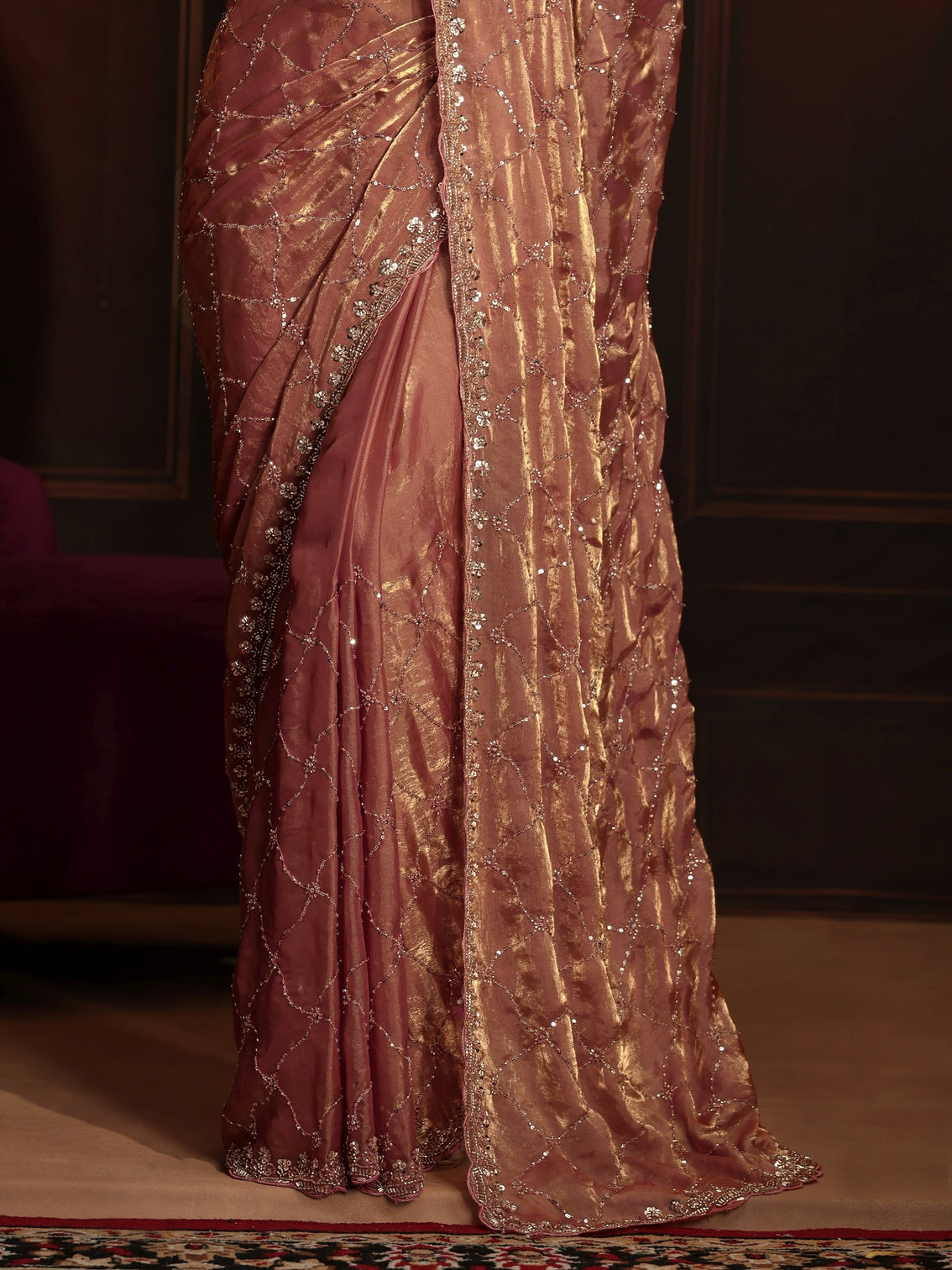Mameraa Art Peach Pink Embellished Tissue Saree