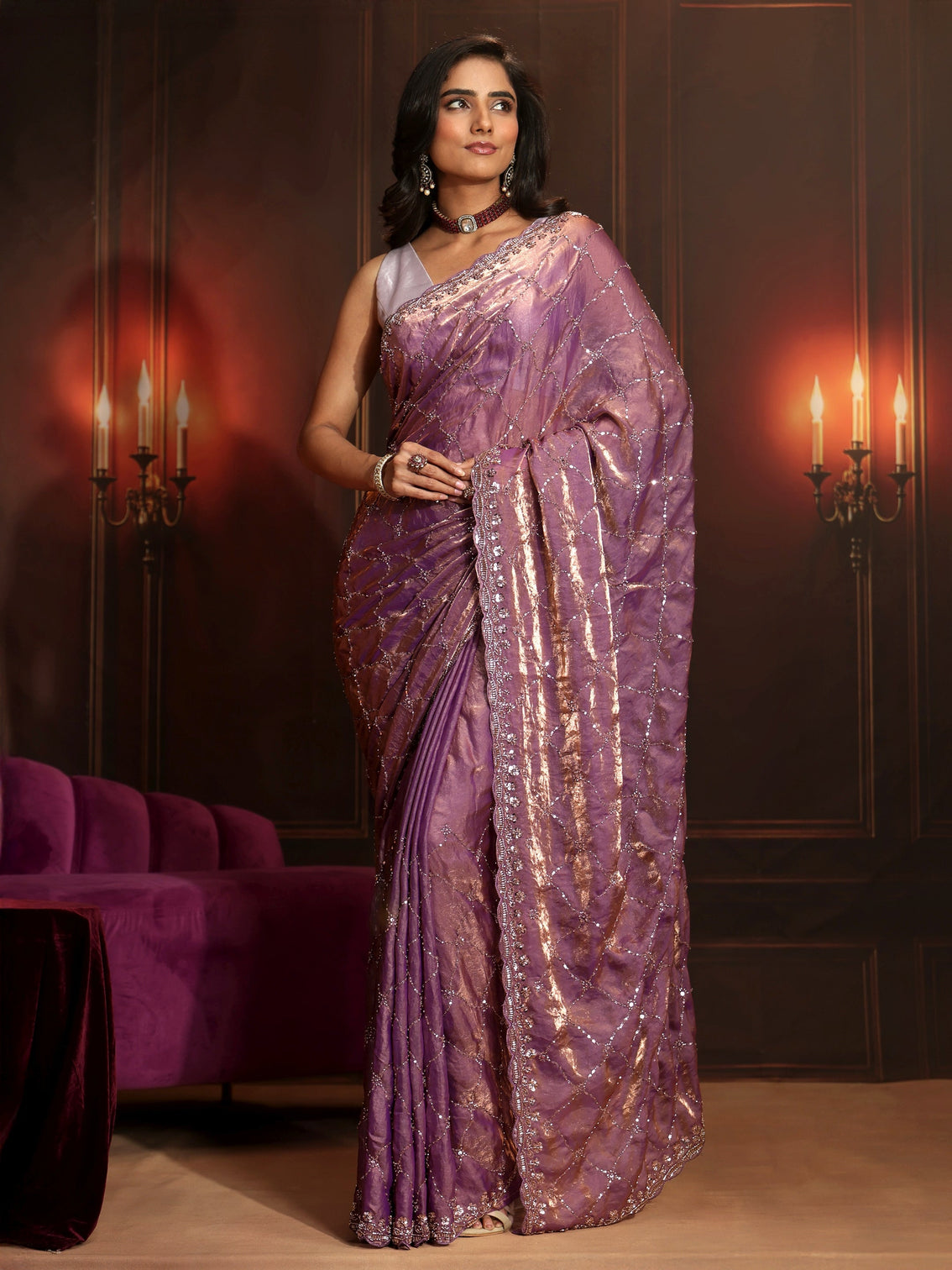 Mameraa Art Lavender Embellished Tissue Saree