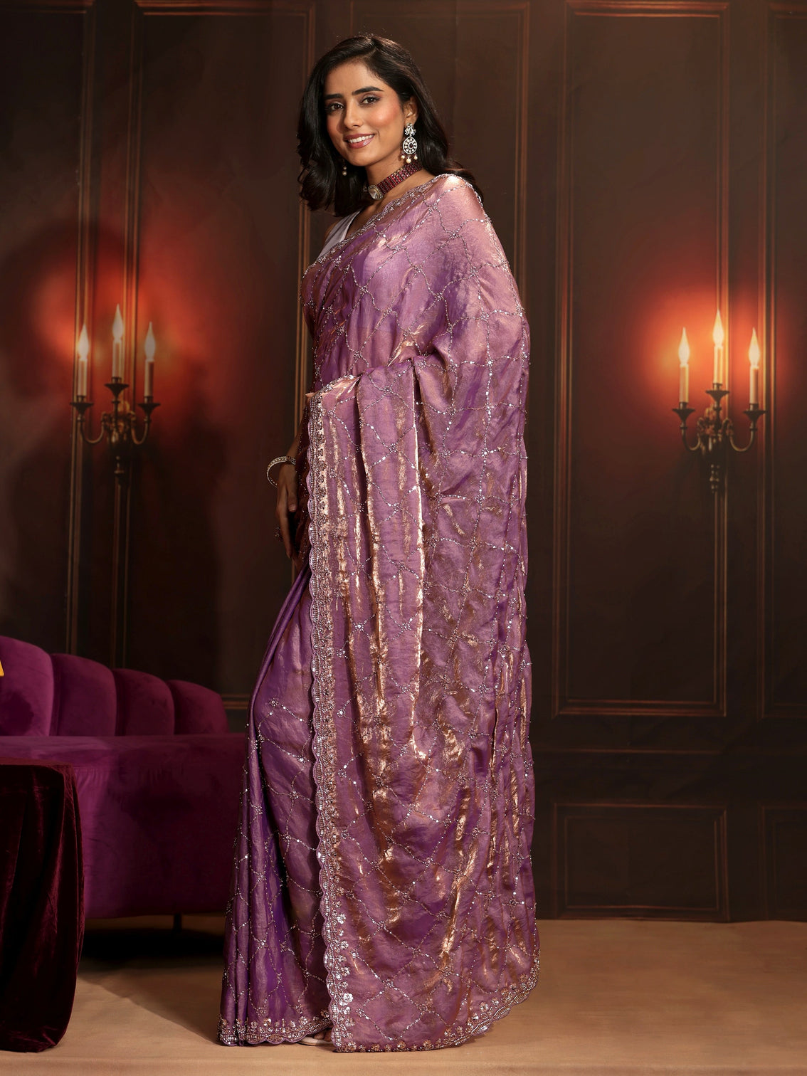 Mameraa Art Lavender Embellished Tissue Saree