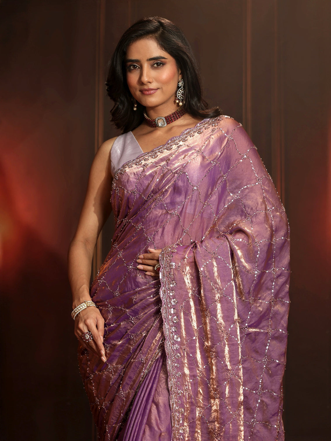 Mameraa Art Lavender Embellished Tissue Saree