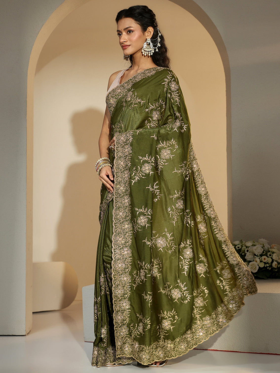 Mameraa Olive Geen Floral Embroidered Satin Saree