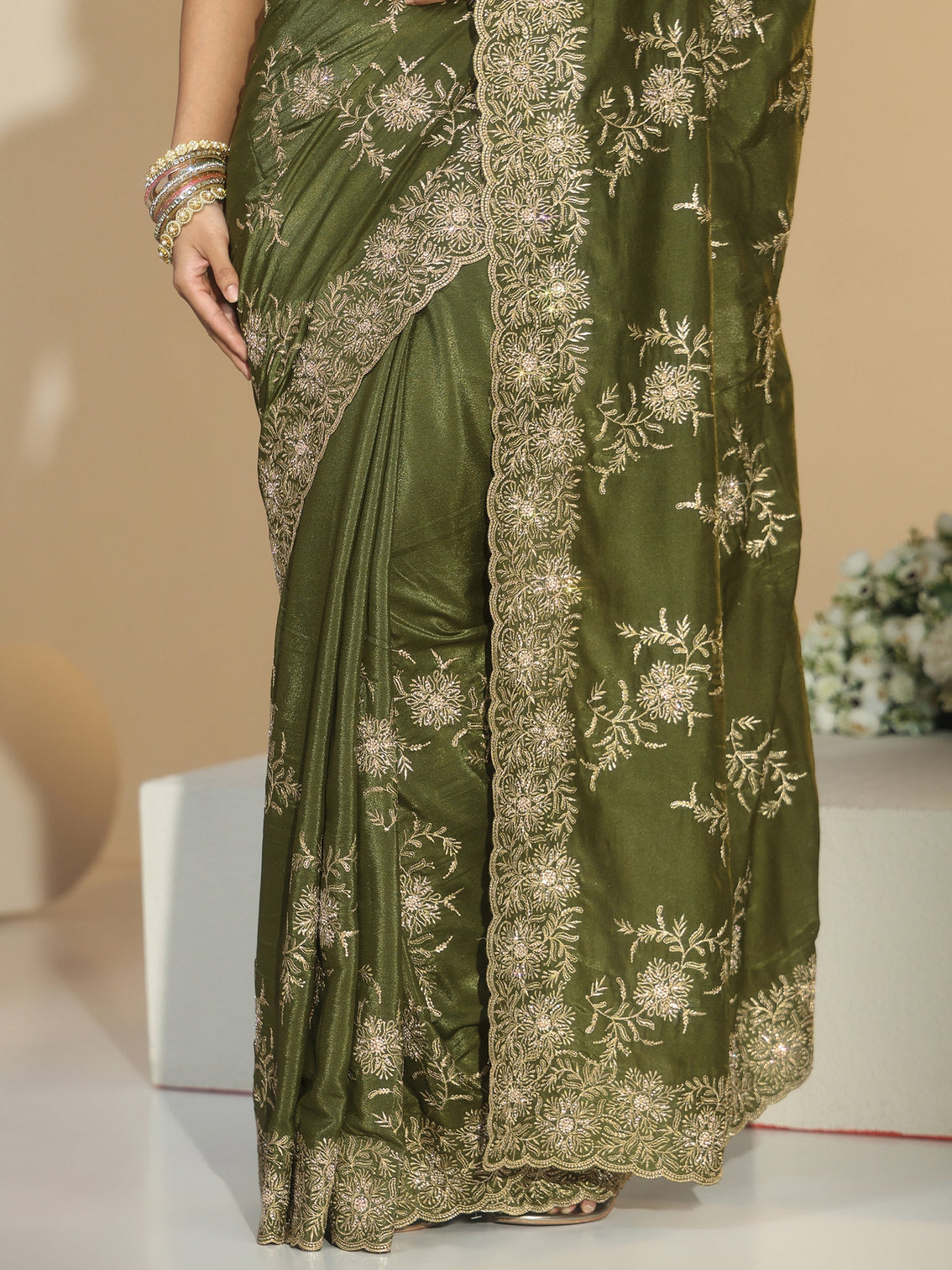 Mameraa Olive Geen Floral Embroidered Satin Saree