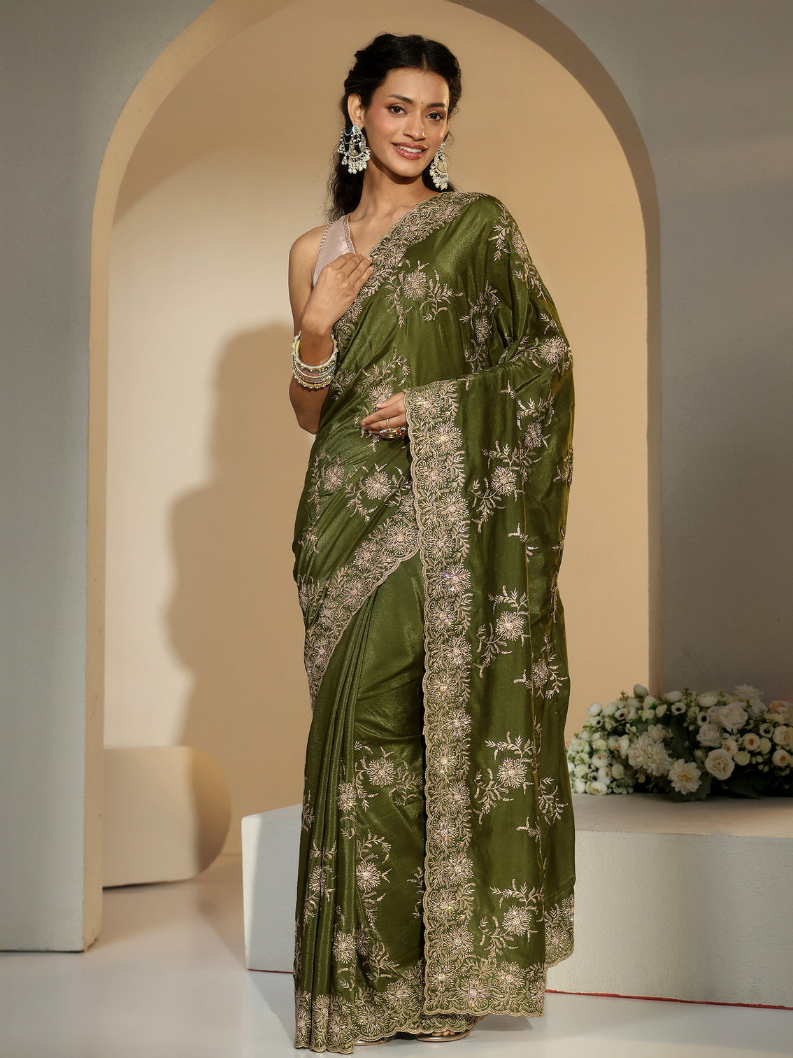 Mameraa Olive Geen Floral Embroidered Satin Saree