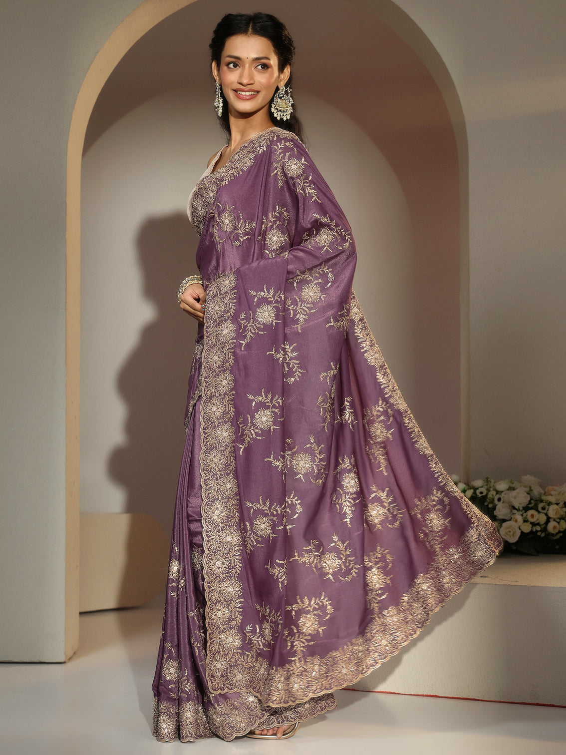 Mameraa Lavender Floral Embroidered Satin Saree