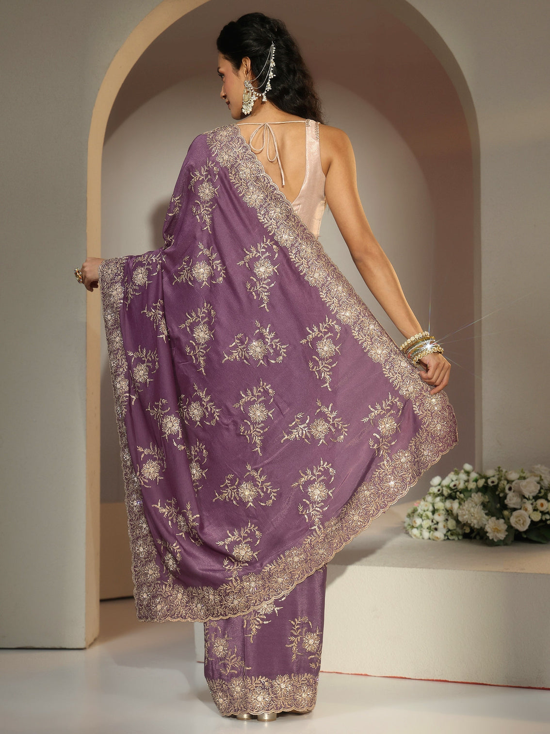 Mameraa Lavender Floral Embroidered Satin Saree