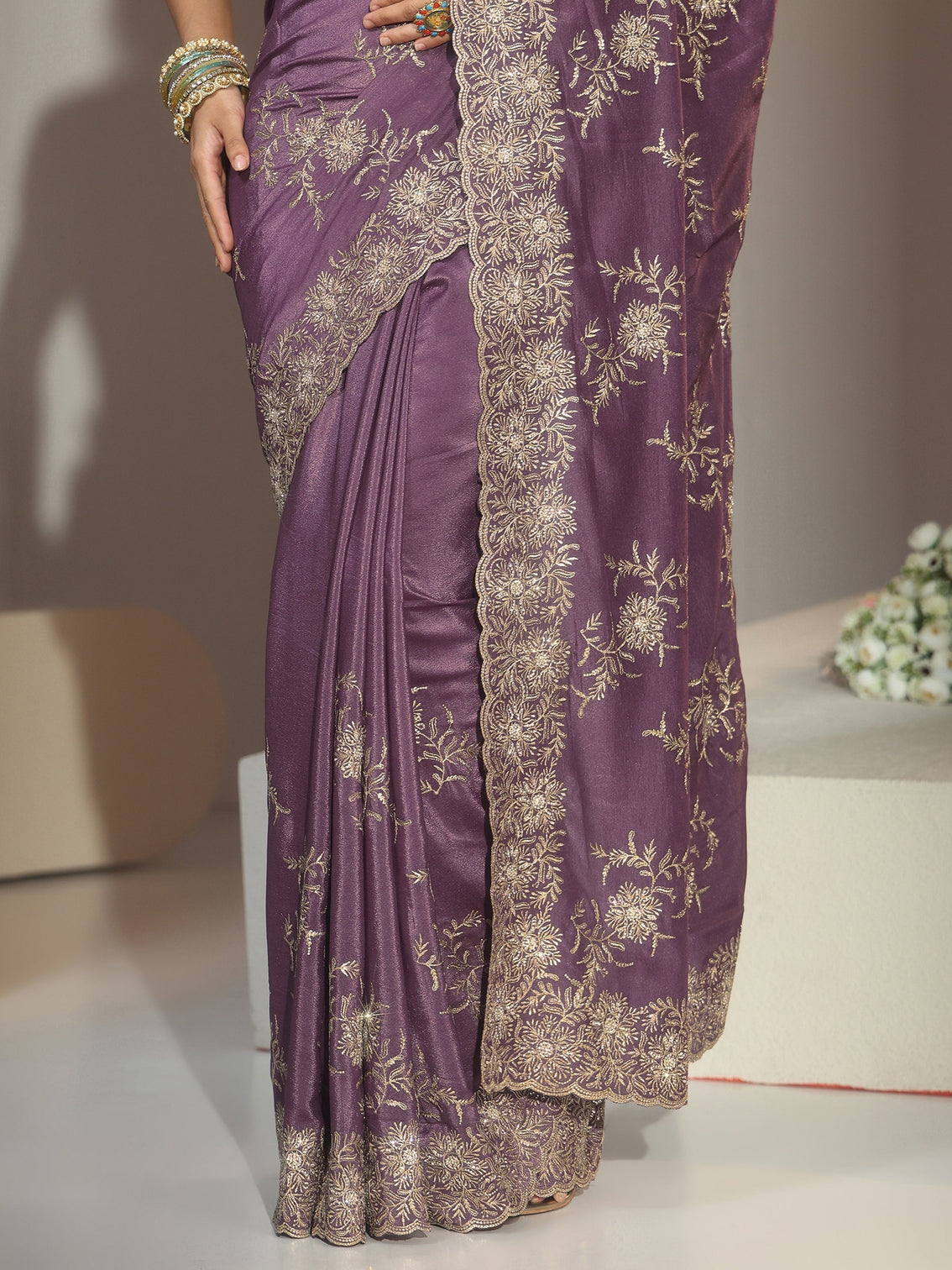 Mameraa Lavender Floral Embroidered Satin Saree