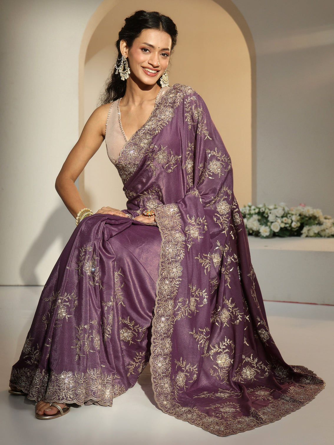 Mameraa Lavender Floral Embroidered Satin Saree