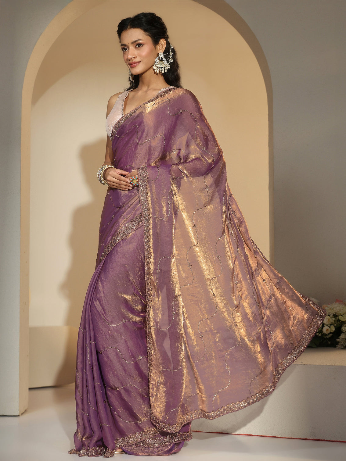 Mameraa Lavender Embellished Tissue Saree