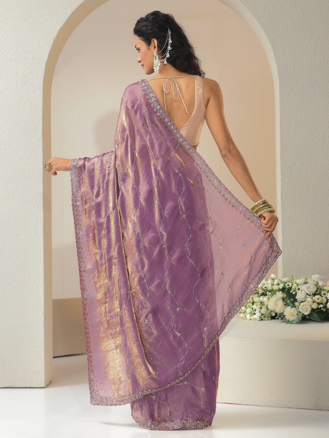 Mameraa Lavender Embellished Tissue Saree