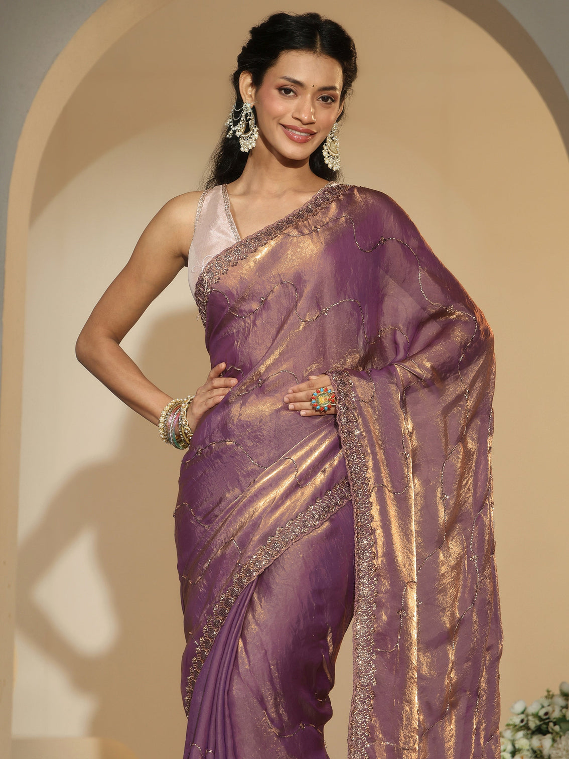 Mameraa Lavender Embellished Tissue Saree