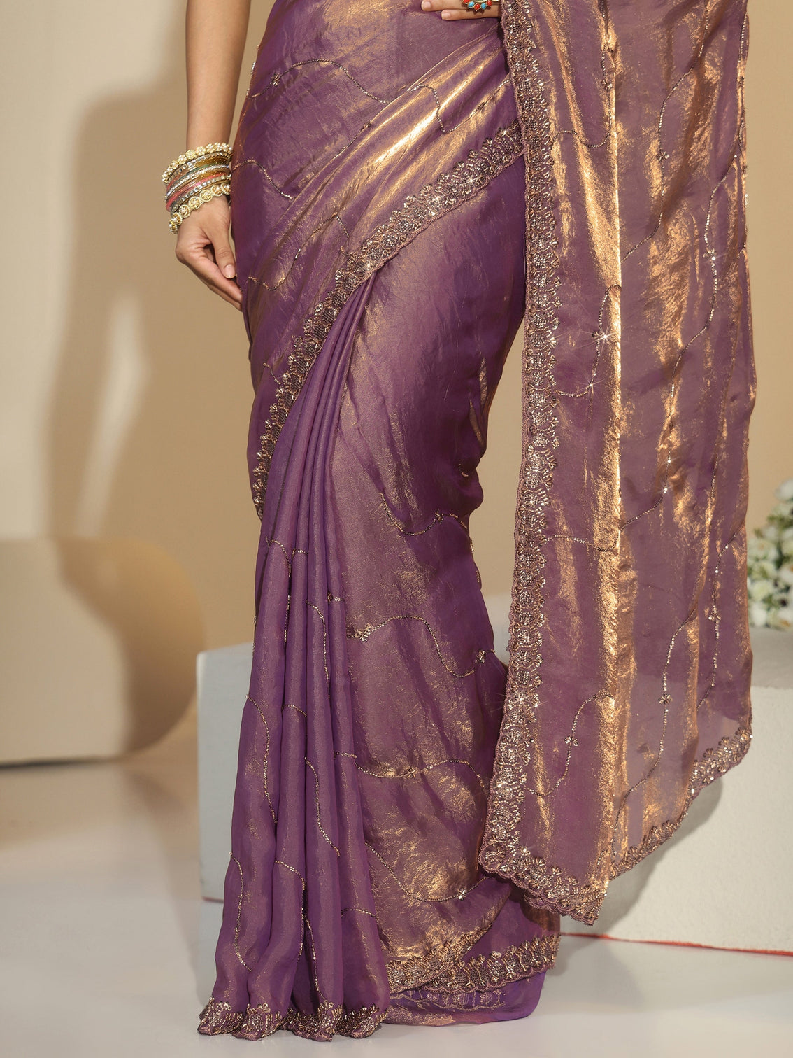 Mameraa Lavender Embellished Tissue Saree