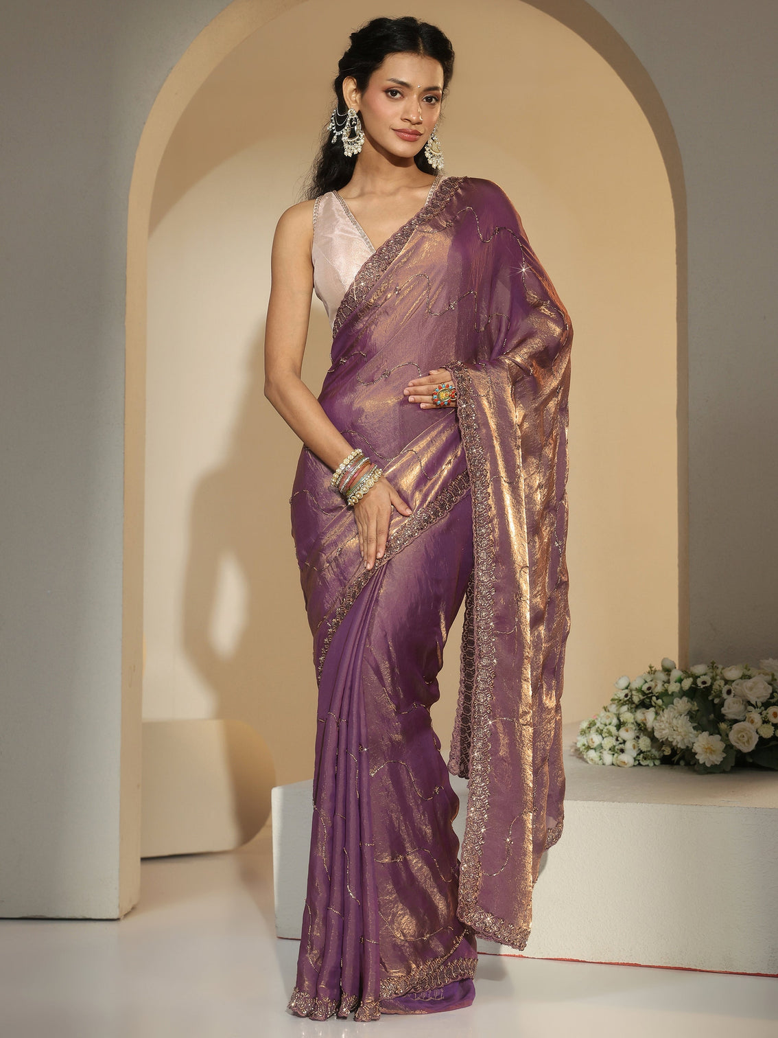 Mameraa Lavender Embellished Tissue Saree