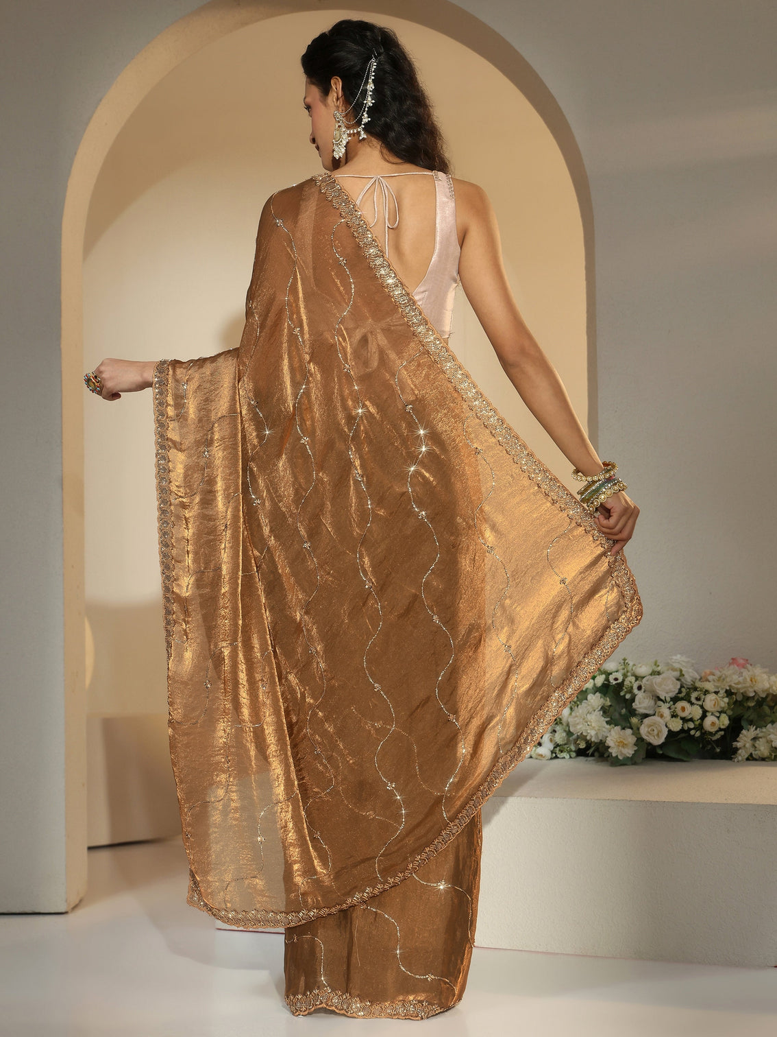 Mameraa Brown Embellished Tissue Saree