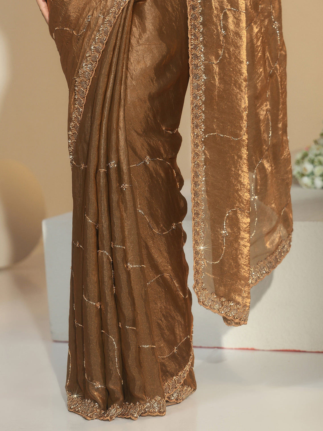 Mameraa Brown Embellished Tissue Saree
