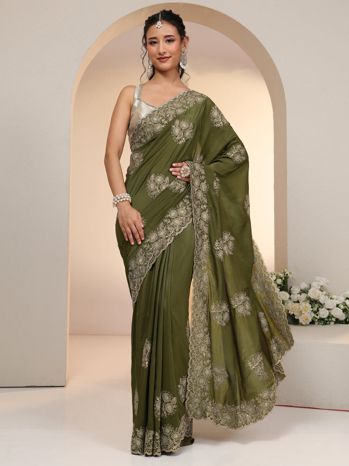 Mameraa Leaf Green Satin Saree with Embroidered Floral Motifs