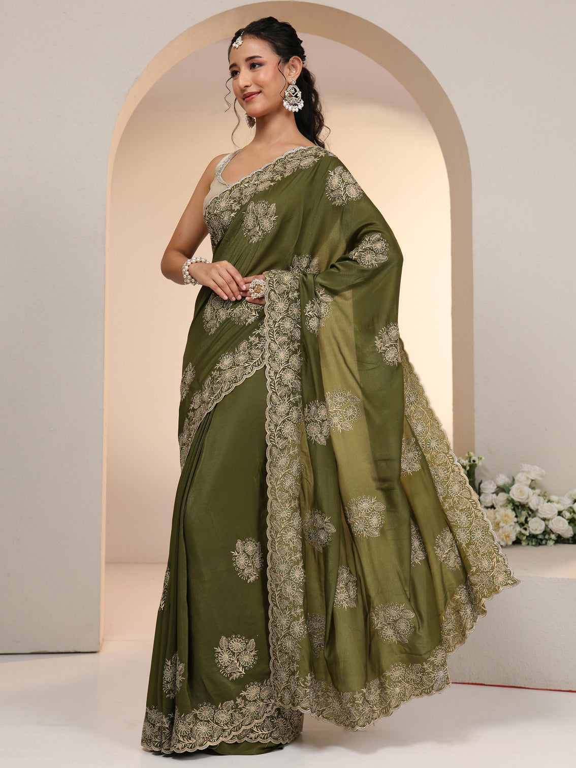 Mameraa Leaf Green Satin Saree with Embroidered Floral Motifs