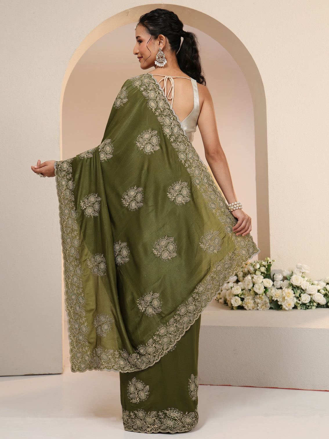 Mameraa Leaf Green Satin Saree with Embroidered Floral Motifs