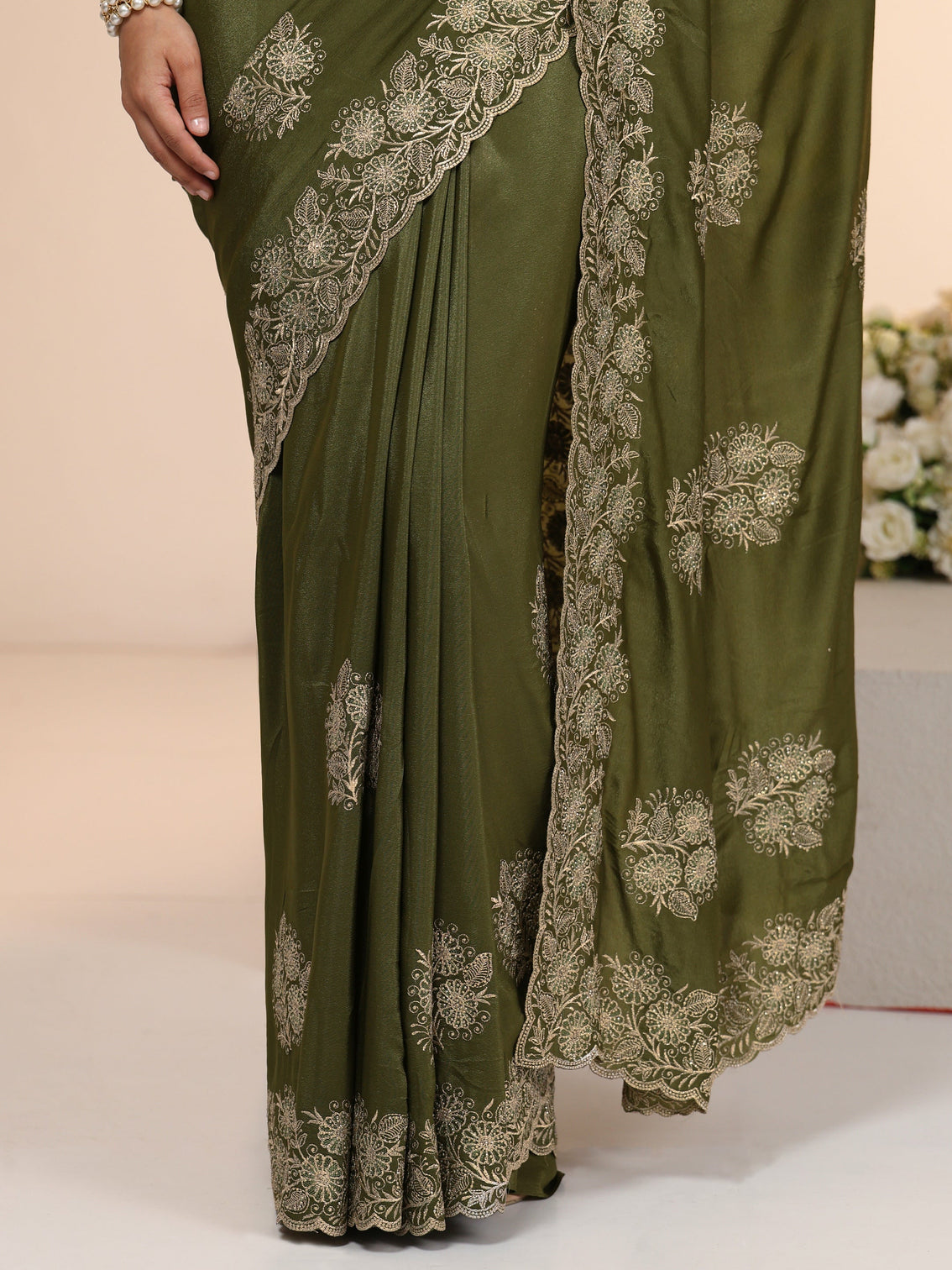 Mameraa Leaf Green Satin Saree with Embroidered Floral Motifs