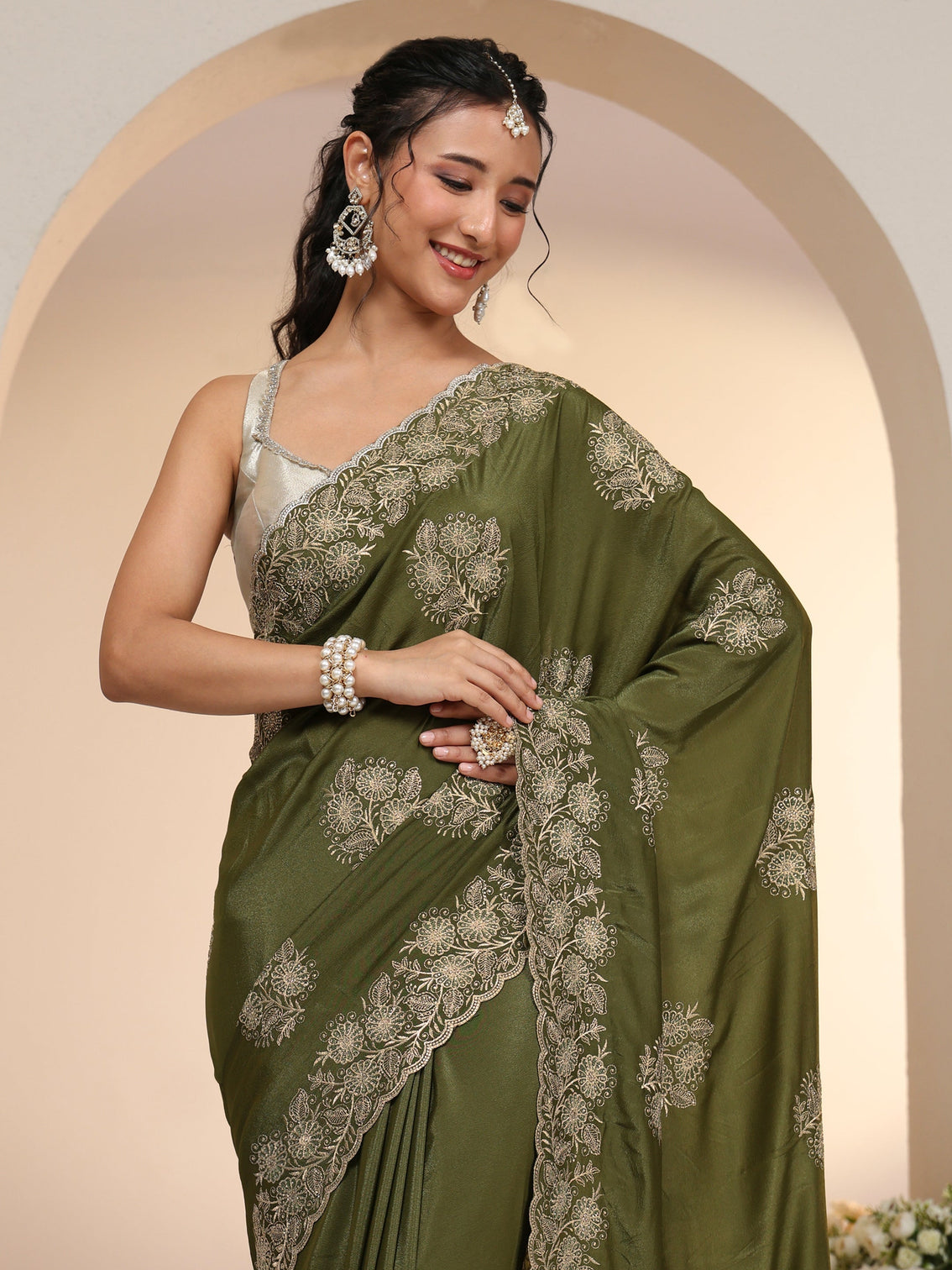 Mameraa Leaf Green Satin Saree with Embroidered Floral Motifs