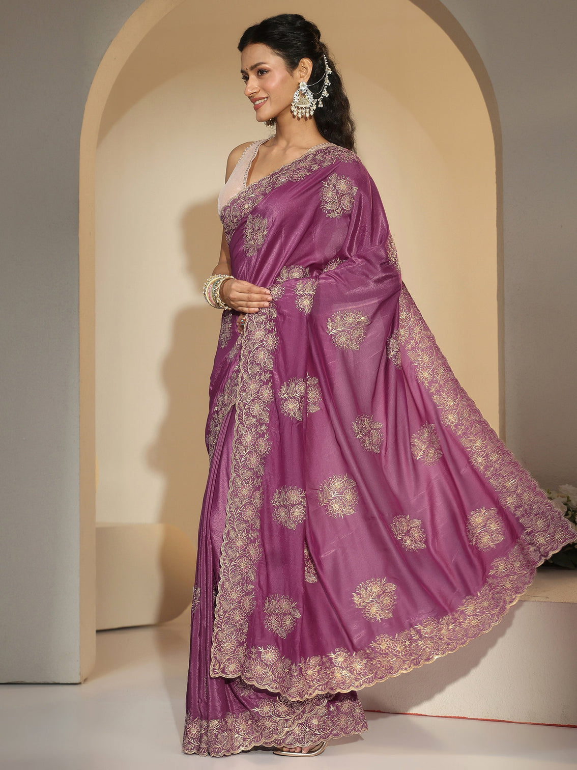 Mameraa Dusty Rose Pink Floral Embroidered Satin Saree