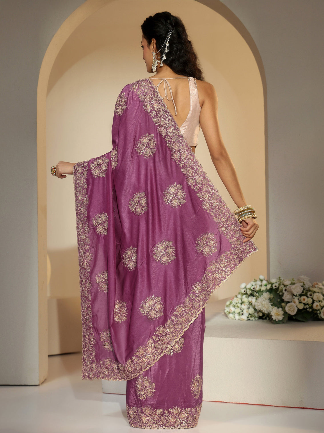 Mameraa Dusty Rose Pink Floral Embroidered Satin Saree