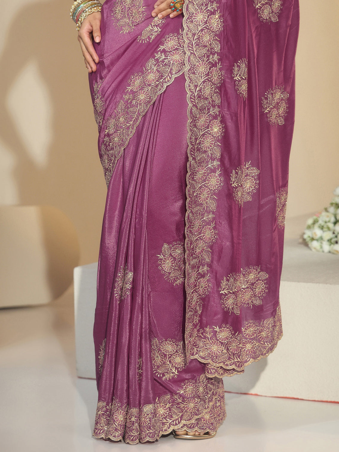 Mameraa Dusty Rose Pink Floral Embroidered Satin Saree