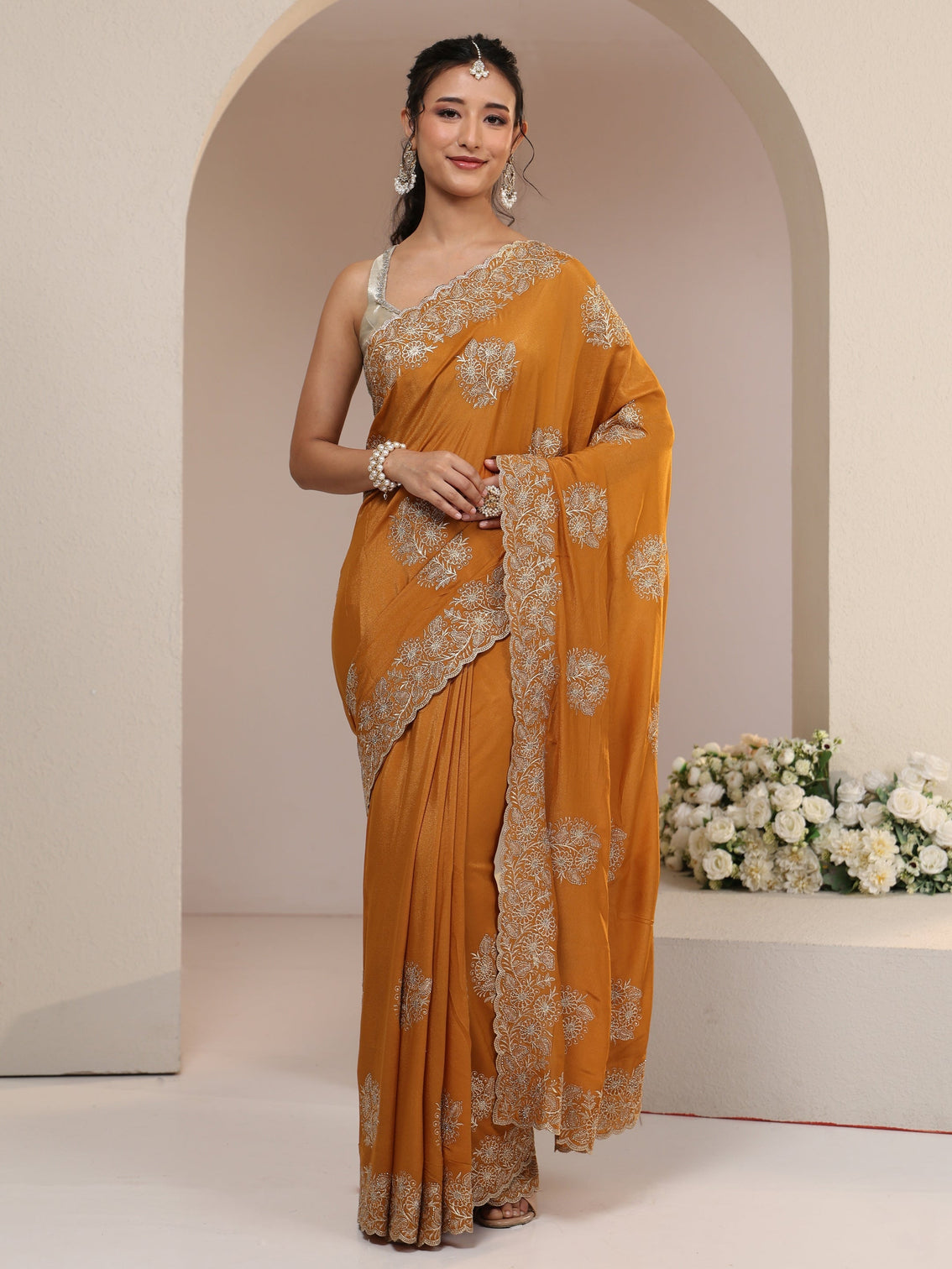 Mameraa Burnt Orange Satin Saree with Embroidered Floral Motifs
