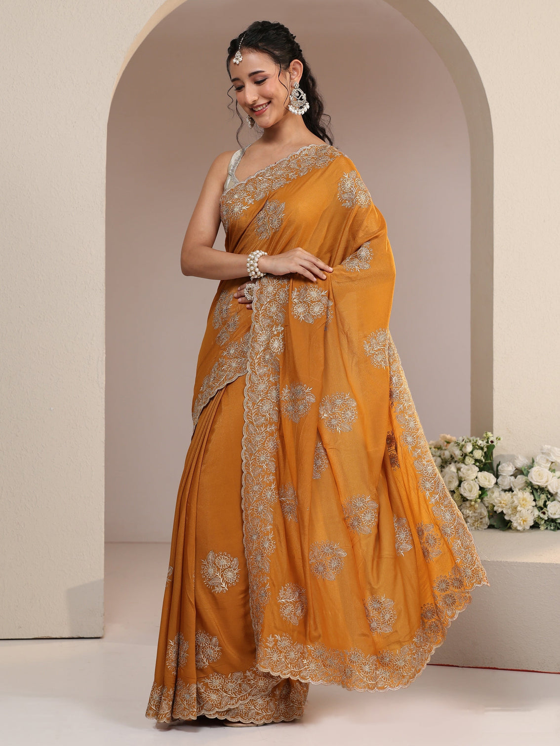Mameraa Burnt Orange Satin Saree with Embroidered Floral Motifs