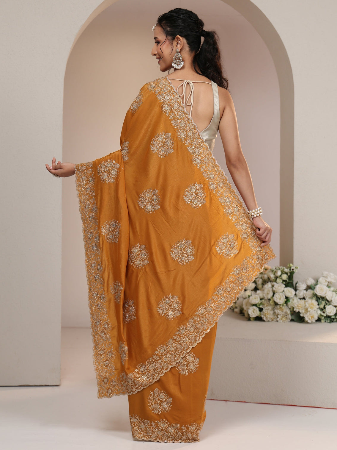 Mameraa Burnt Orange Satin Saree with Embroidered Floral Motifs