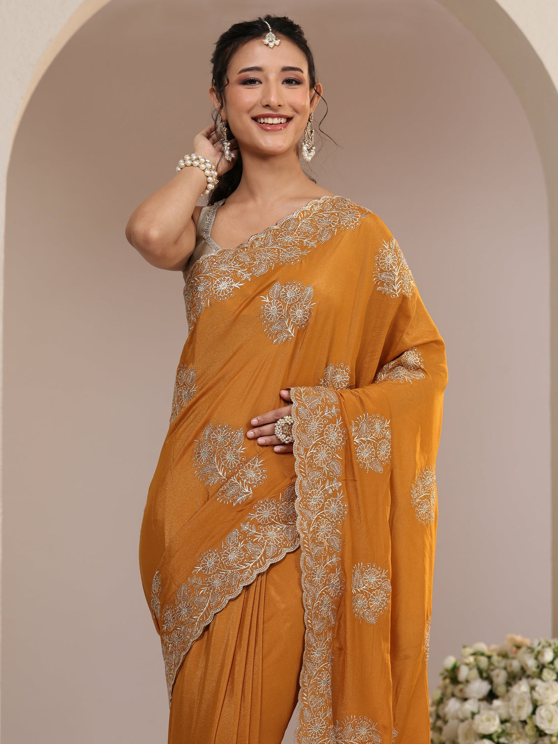 Mameraa Burnt Orange Satin Saree with Embroidered Floral Motifs