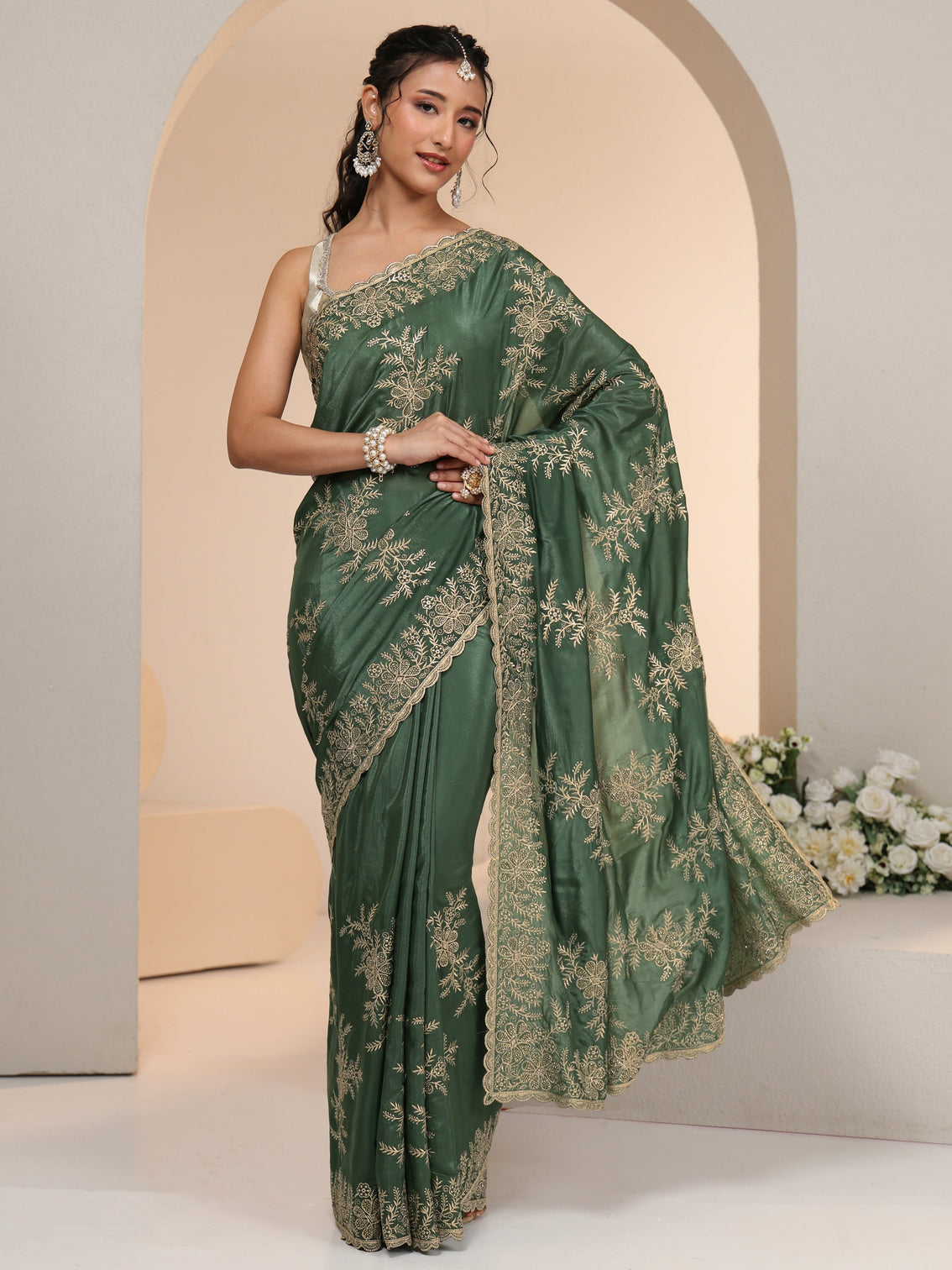 Mameraa Moss Green Floral Embroidered Satin Saree