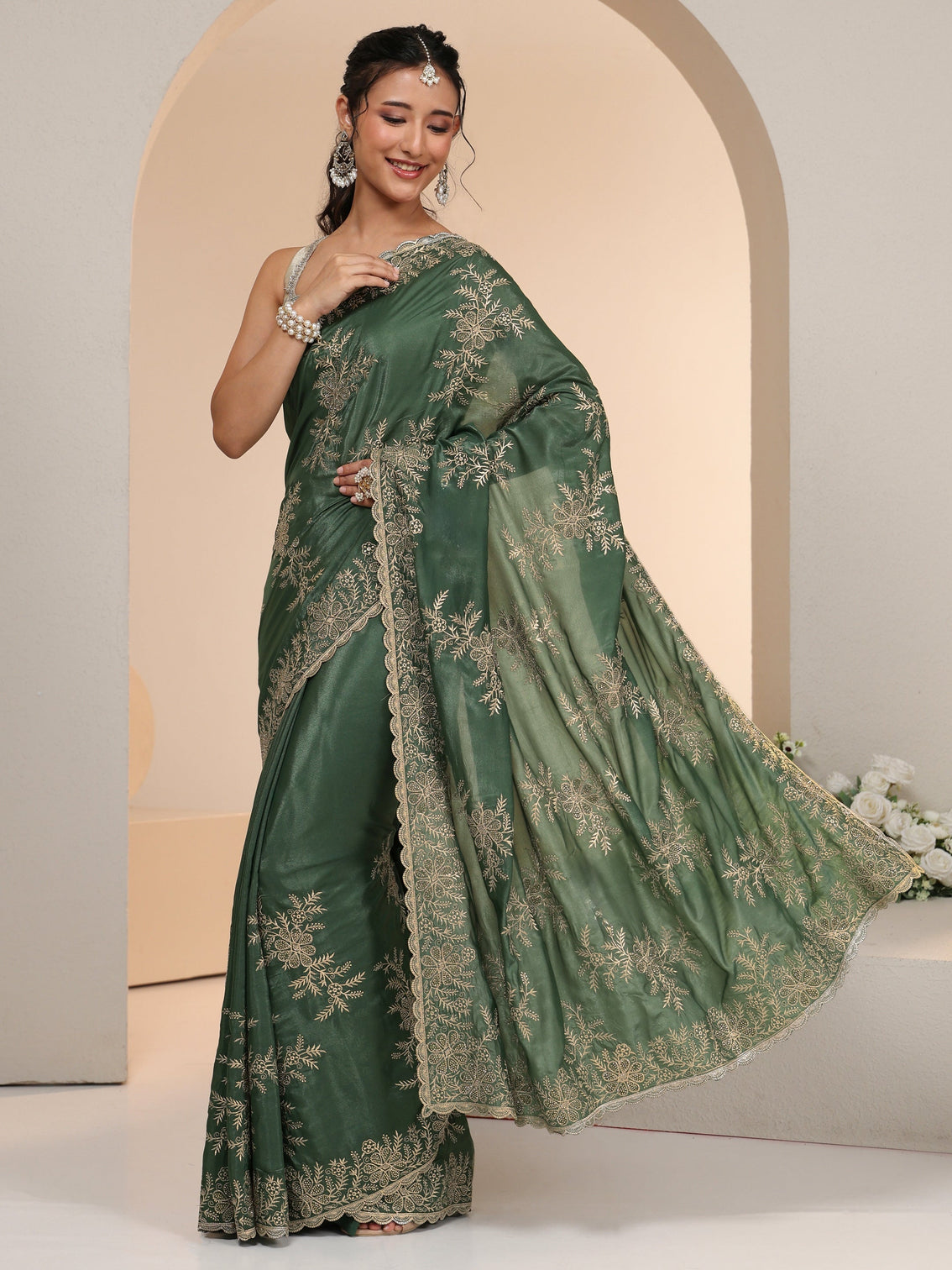 Mameraa Moss Green Floral Embroidered Satin Saree