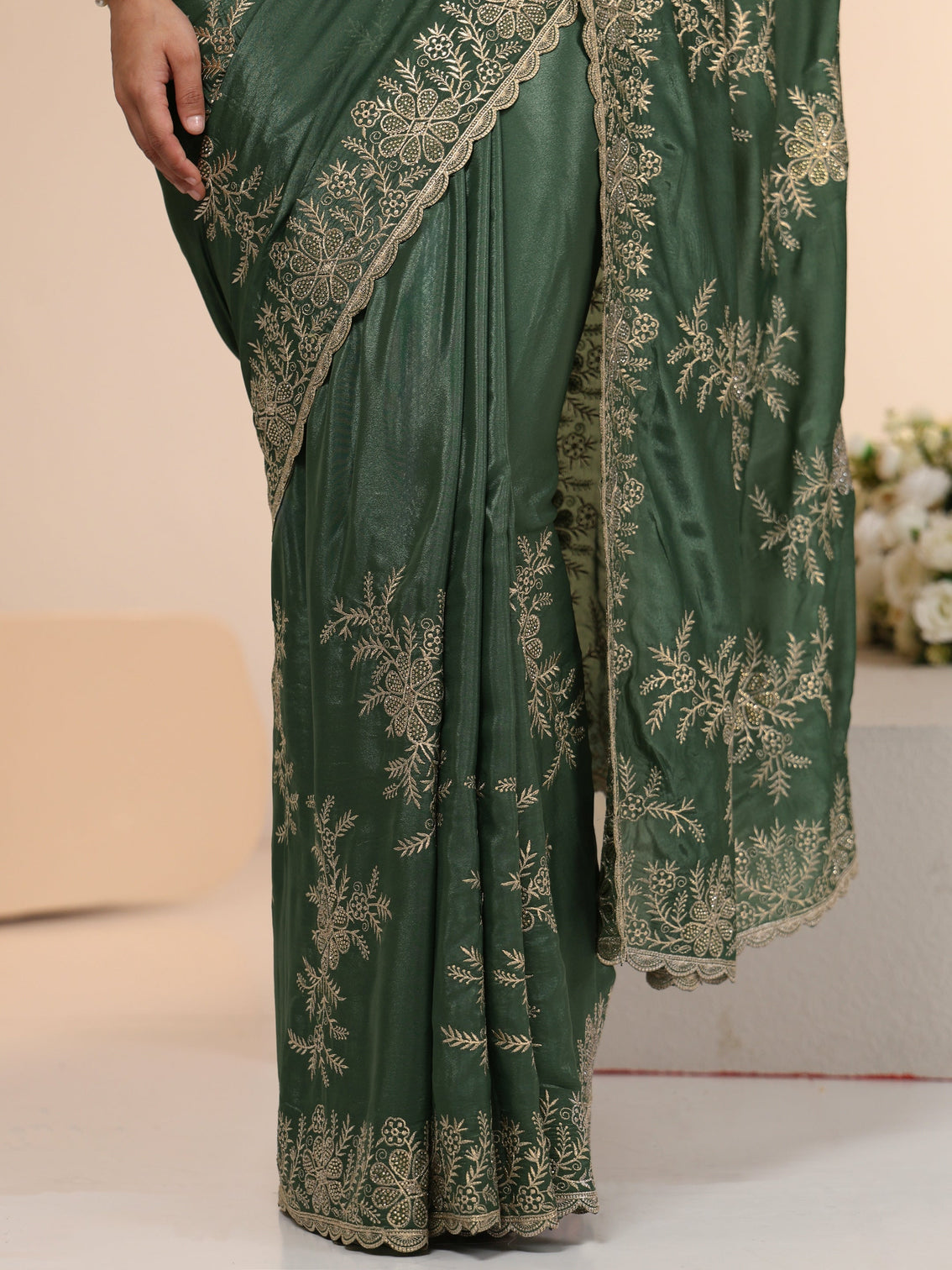 Mameraa Moss Green Floral Embroidered Satin Saree